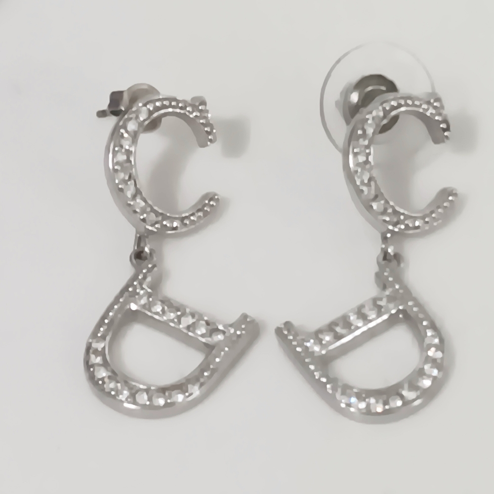Christian Dior Silver CD Logo Rhinestone Drop Earrings Like New Y2K ✨ - Picture 8 of 12